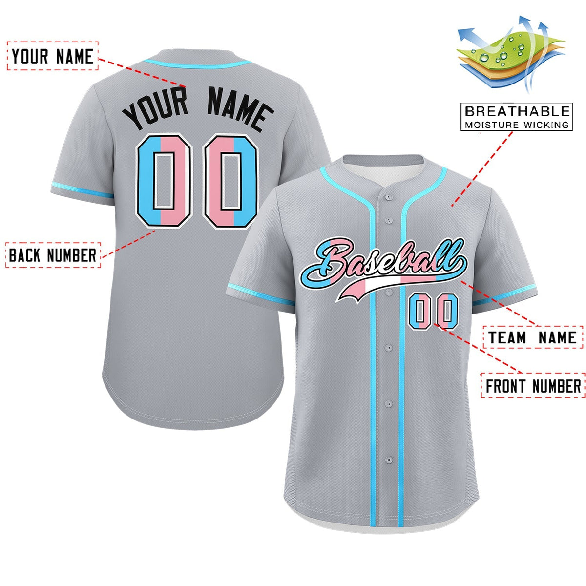 Custom Gray Powder Blue Transgender For Pride Month Classic Style Baseball Jersey| KXKSHOP