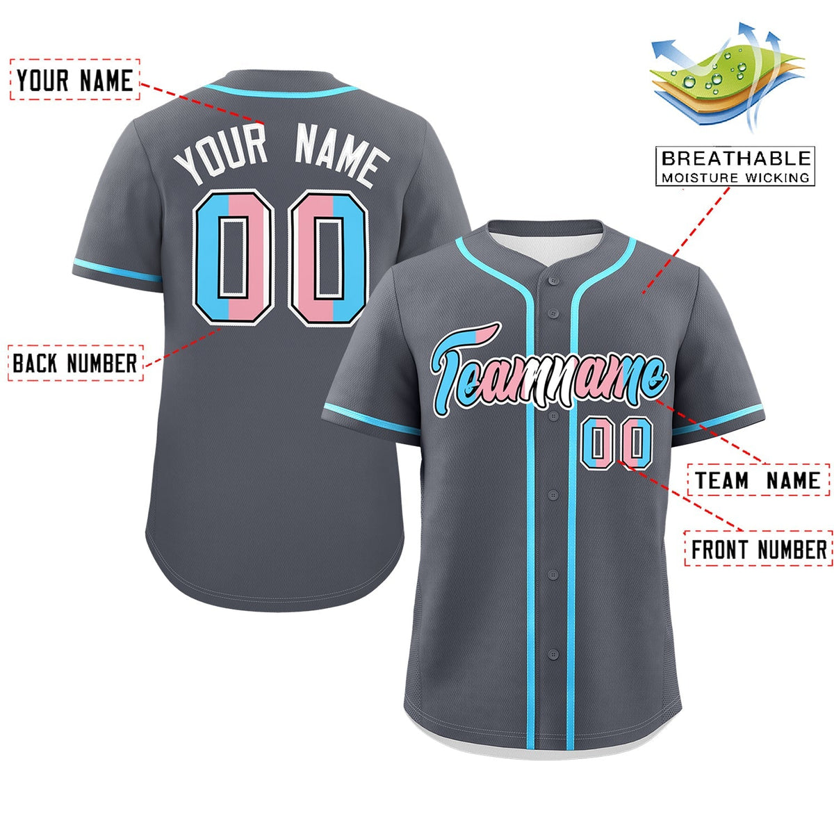 Custom Dark Gray Powder Blue Transgender For Pride Month Classic Style Baseball Jersey| KXKSHOP