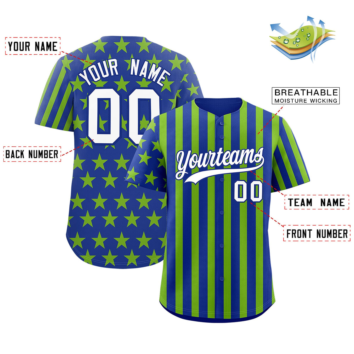 Custom Royal Blue Neon Green American Flag Graffiti Pattern Baseball Jersey| KXKSHOP