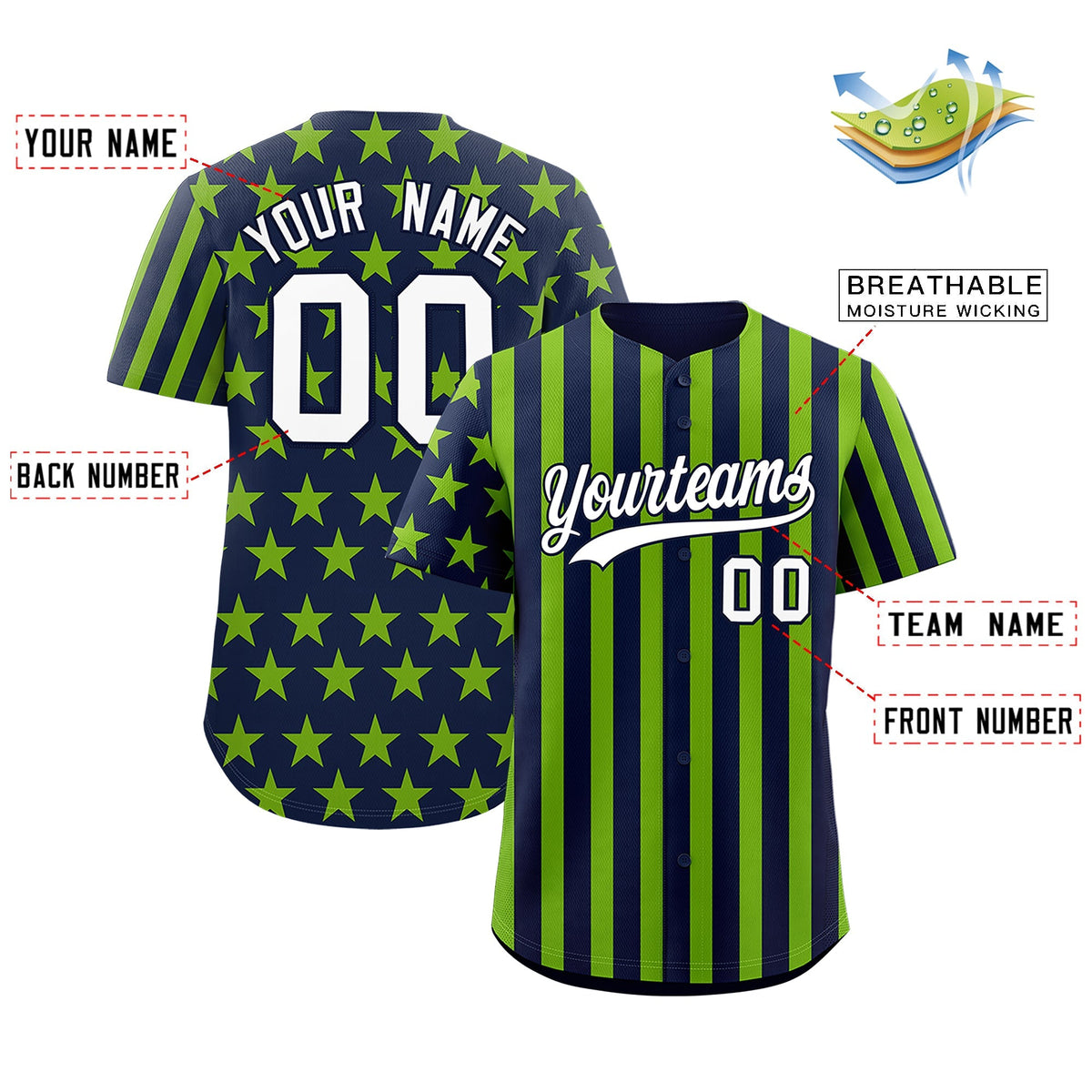 Custom Navy Neon Green American Flag Graffiti Pattern Baseball Jersey| KXKSHOP