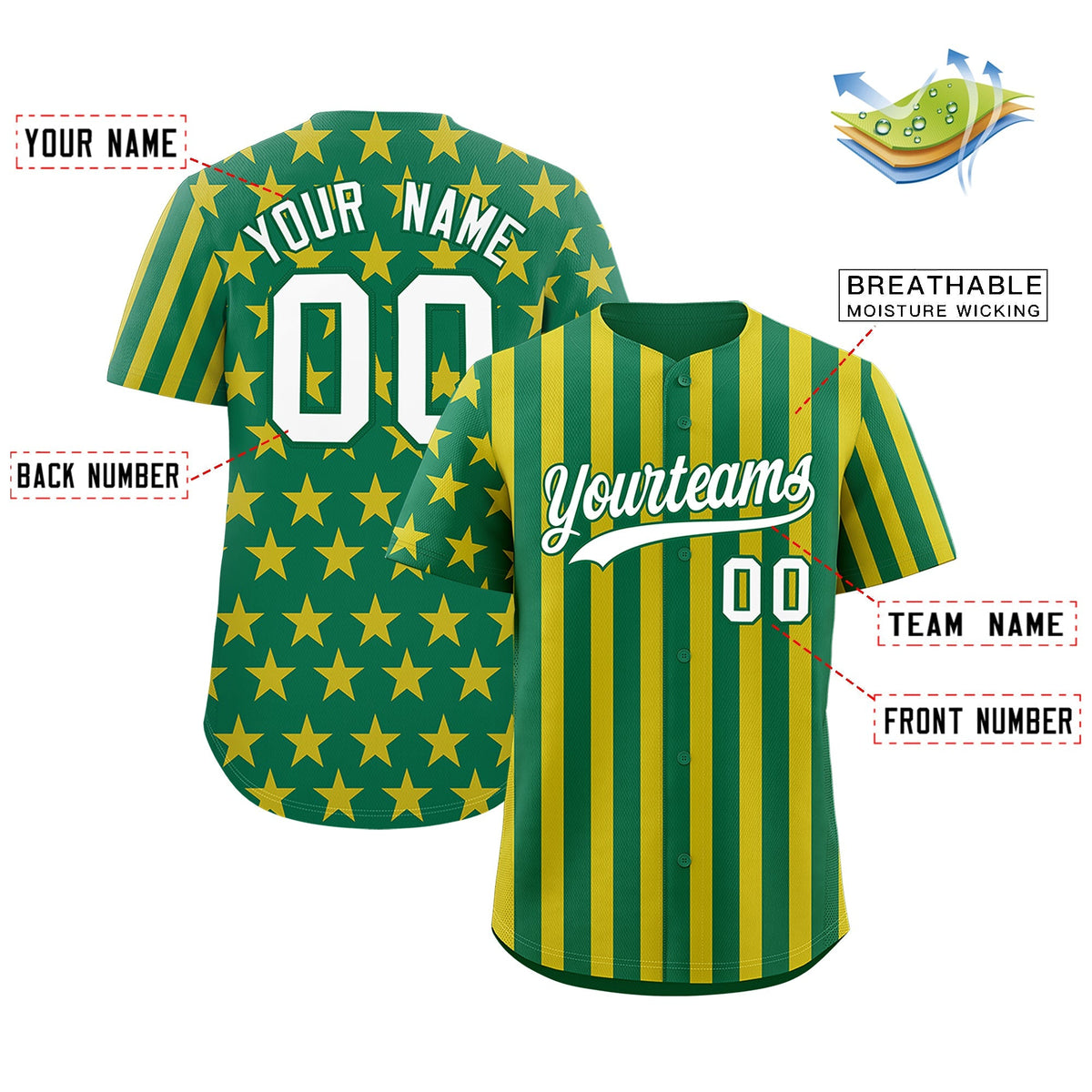 Custom Kelly Green Gold American Flag Graffiti Pattern Baseball Jersey| KXKSHOP
