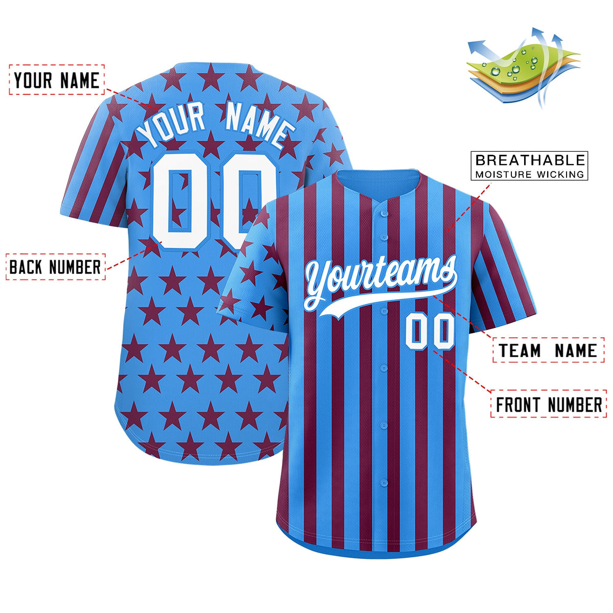 Custom Powder Blue Crimson American Flag Graffiti Pattern Baseball Jersey| KXKSHOP