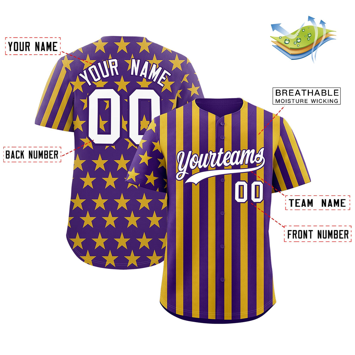 Custom Purple Gold American Flag Graffiti Pattern Baseball Jersey| KXKSHOP