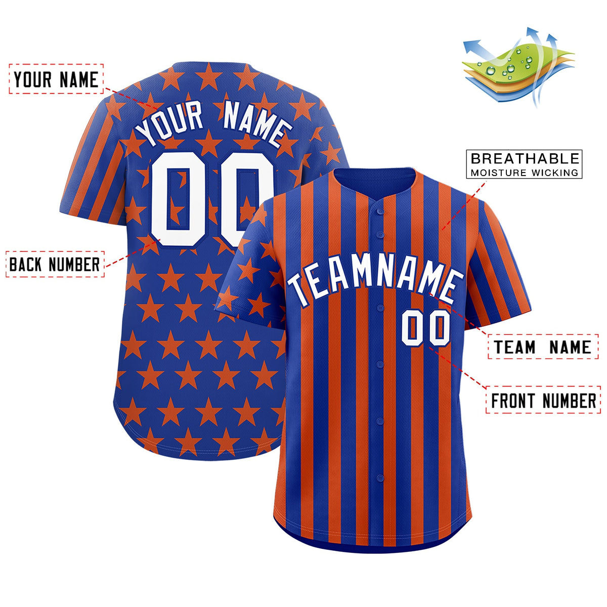 Custom Royal Blue Orange American Flag Graffiti Pattern Baseball Jersey| KXKSHOP
