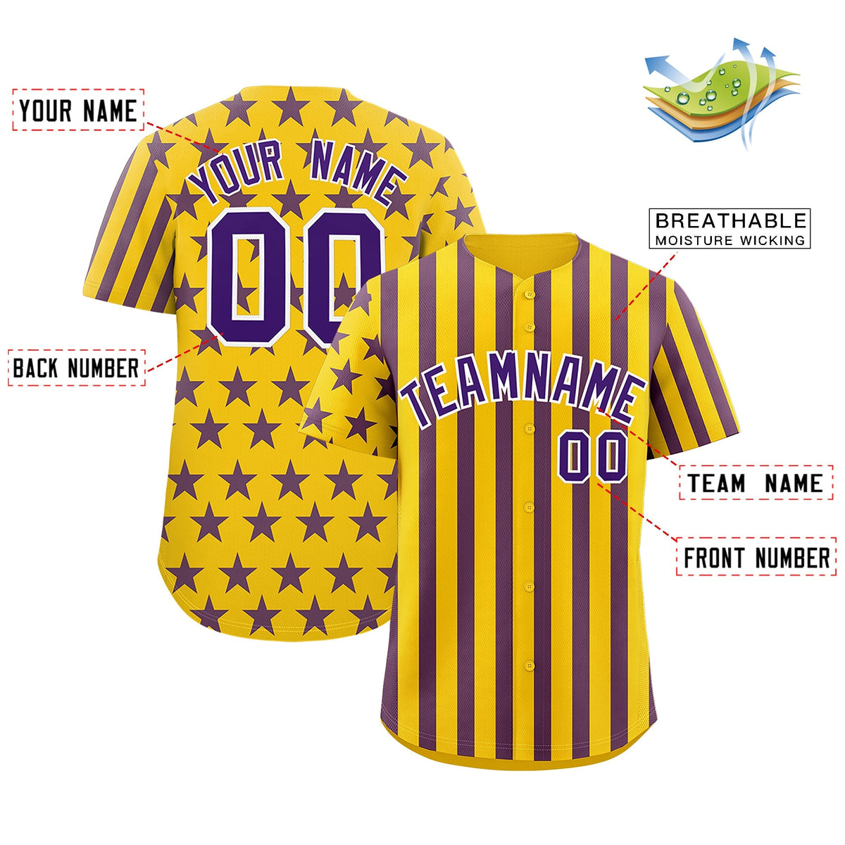 Custom Gold Purple American Flag Graffiti Pattern Baseball Jersey| KXKSHOP