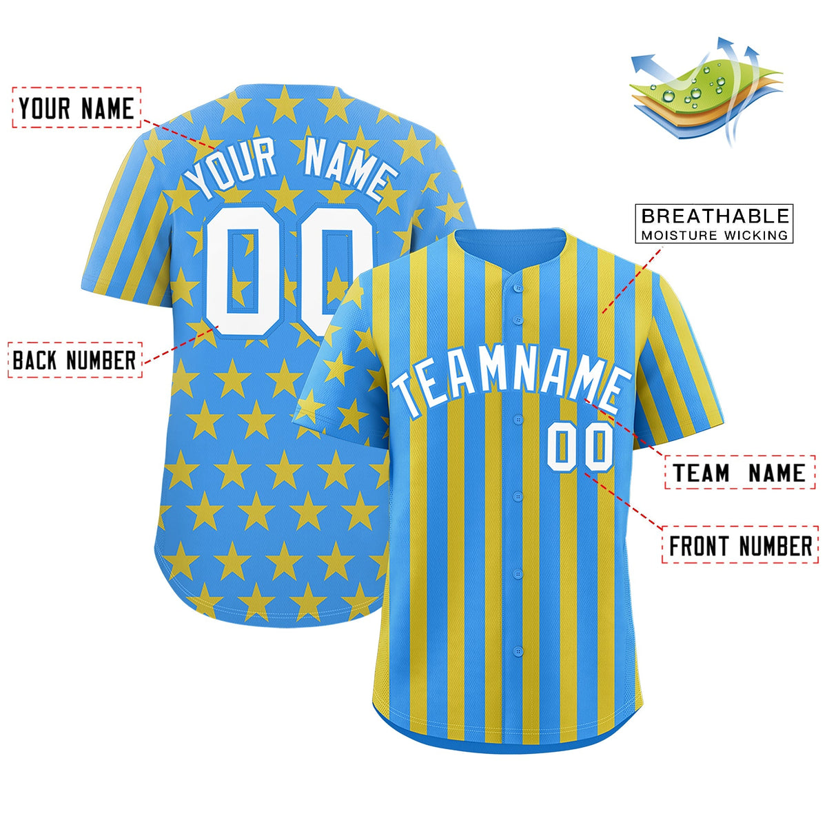 Custom Powder Blue Gold American Flag Graffiti Pattern Baseball Jersey| KXKSHOP