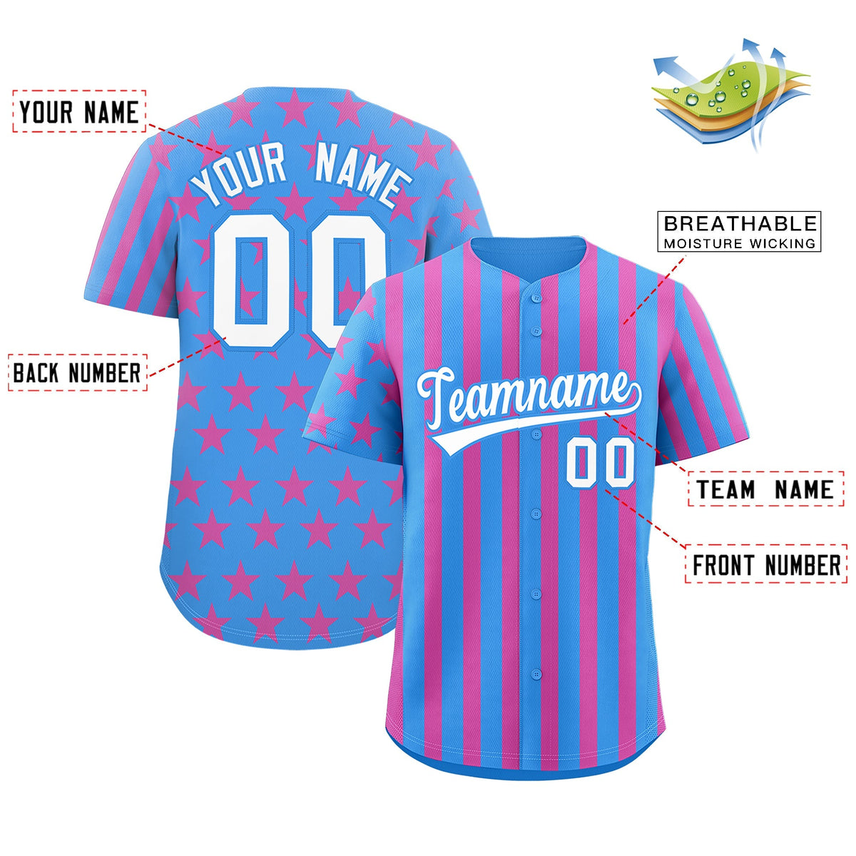 Custom Powder Blue Pink American Flag Graffiti Pattern Baseball Jersey| KXKSHOP