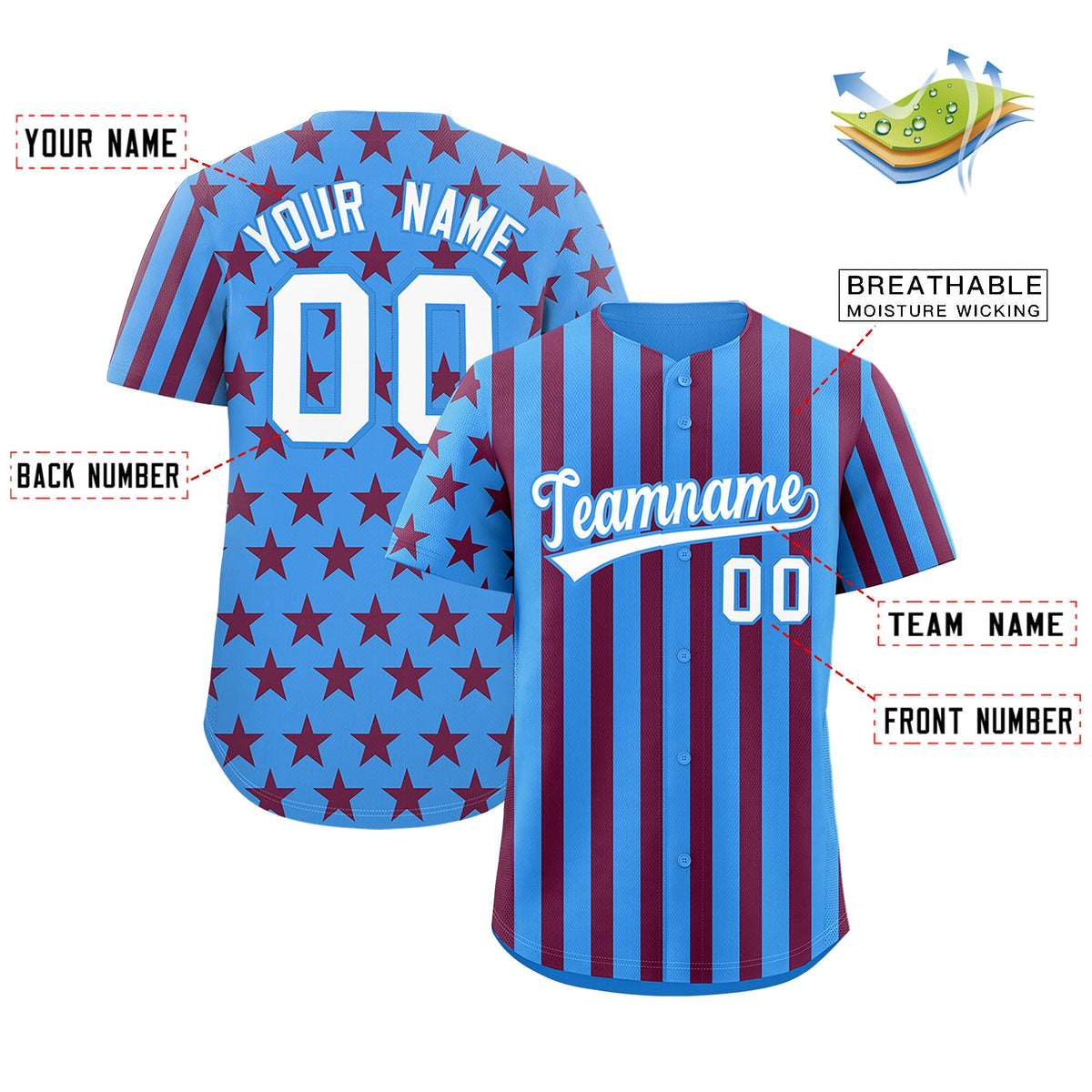 Custom Powder Blue Crimson American Flag Graffiti Pattern Baseball Jersey| KXKSHOP
