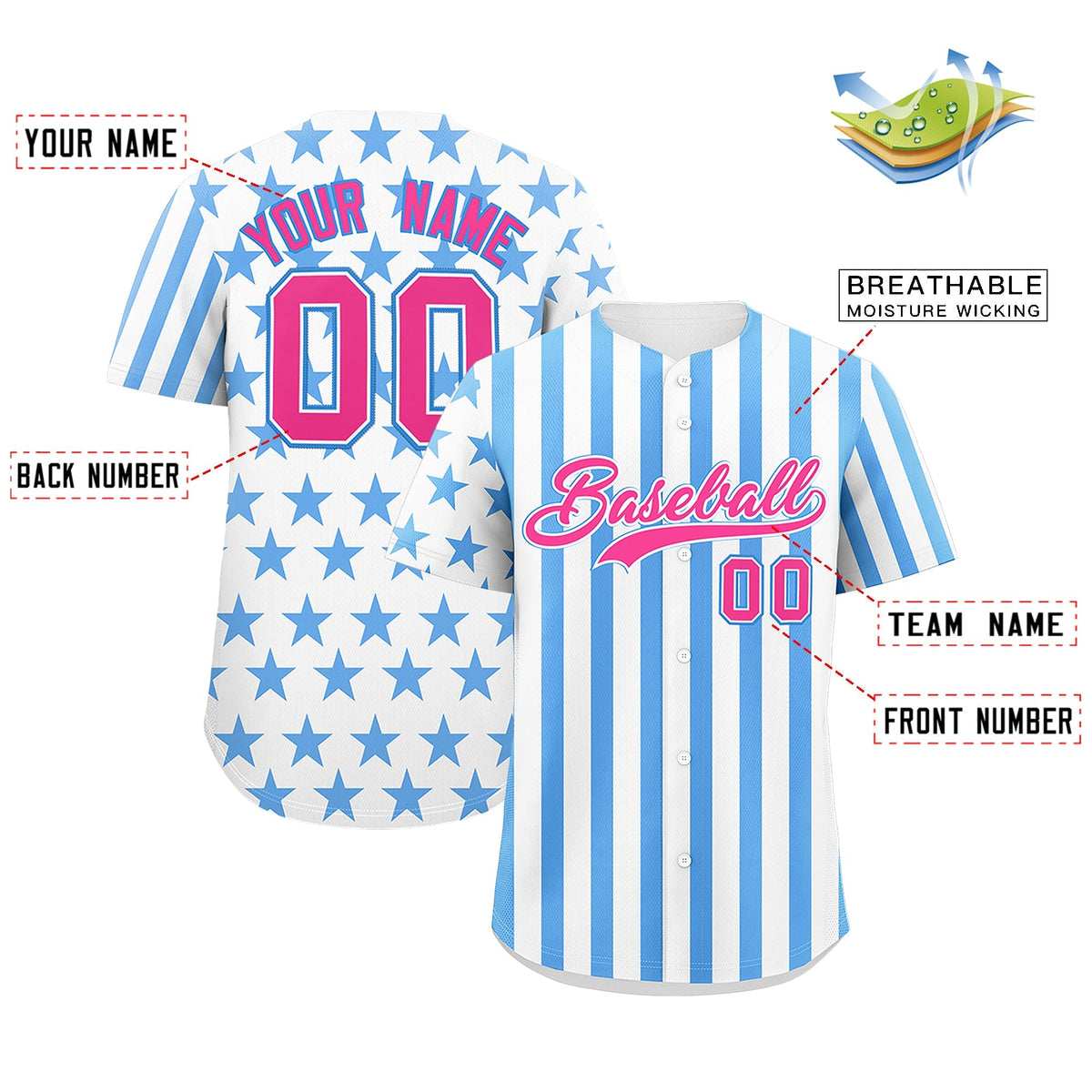 Custom White Powder Blue American Flag Graffiti Pattern Baseball Jersey| KXKSHOP