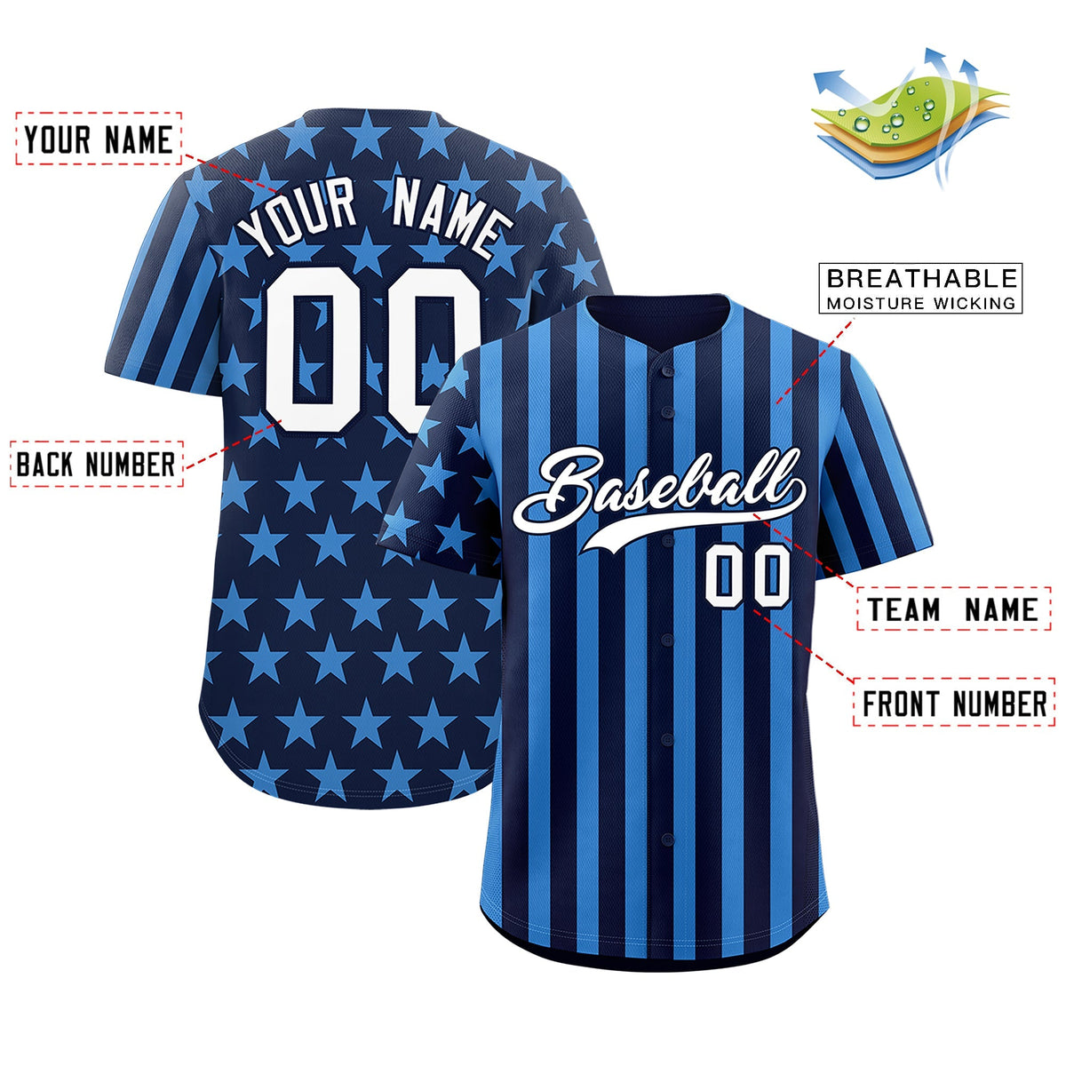 Custom Navy Powder Blue American Flag Graffiti Pattern Baseball Jersey| KXKSHOP