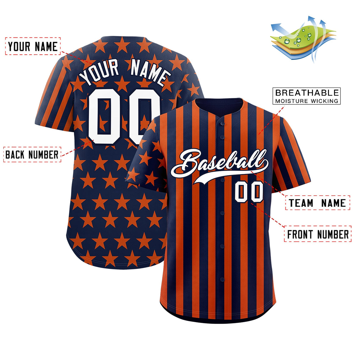 Custom Navy Orange American Flag Graffiti Pattern Baseball Jersey| KXKSHOP