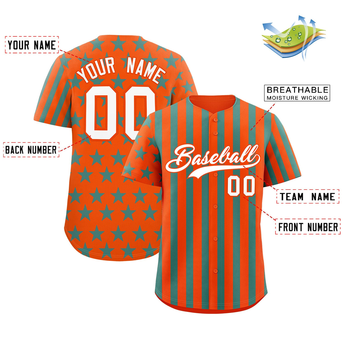 Custom Orange Aqua American Flag Graffiti Pattern Baseball Jersey| KXKSHOP