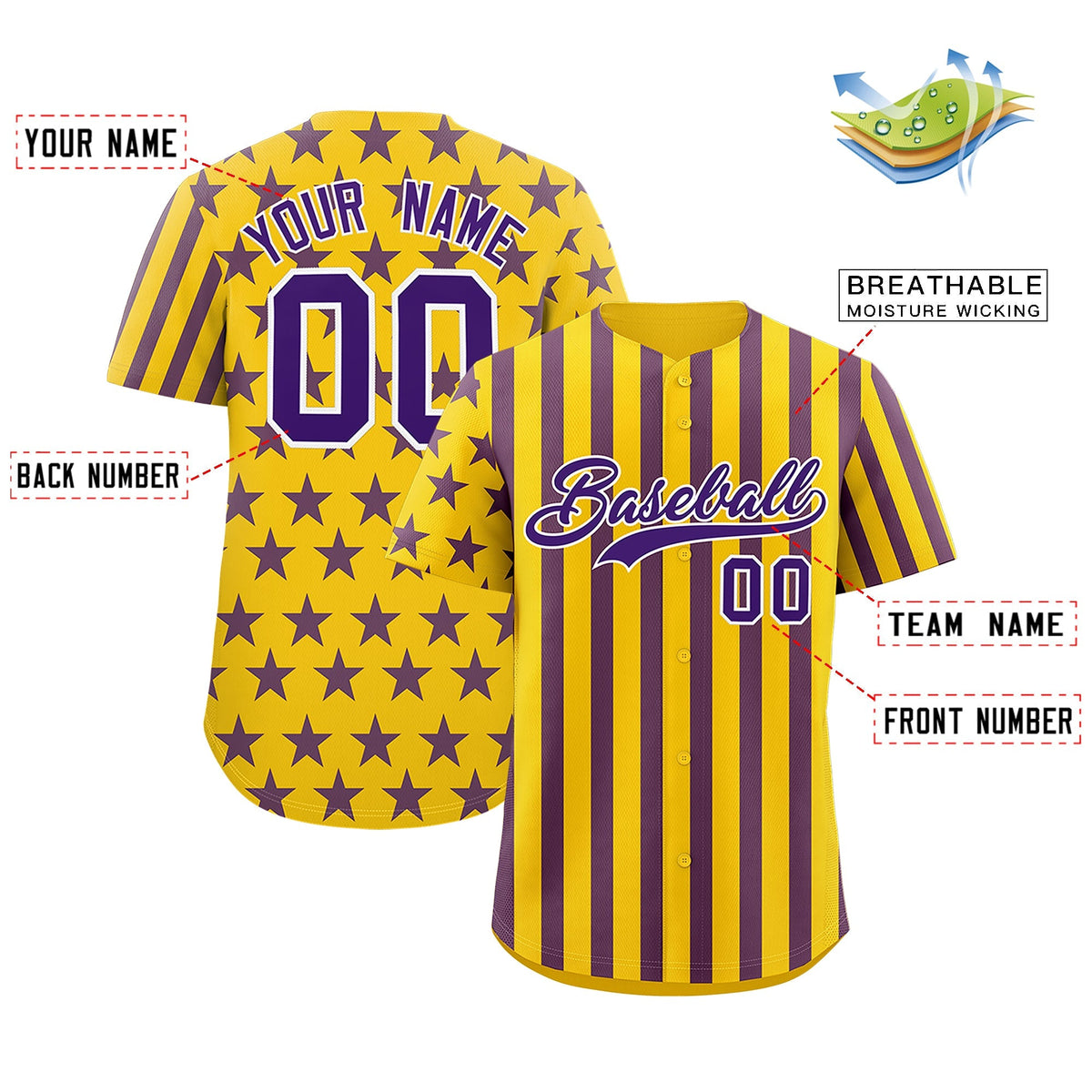 Custom Gold Purple American Flag Graffiti Pattern Baseball Jersey| KXKSHOP
