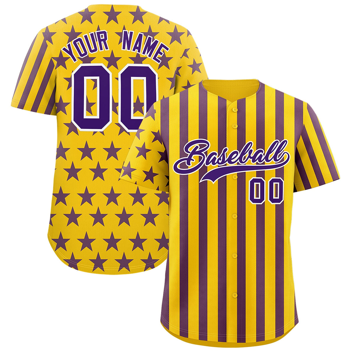 Custom Gold Purple American Flag Graffiti Pattern Baseball Jersey| KXKSHOP