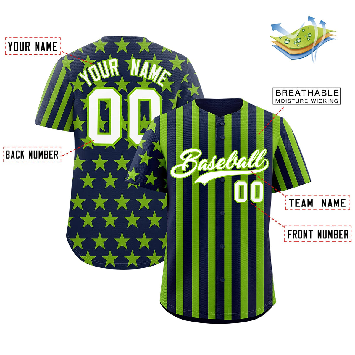 Custom Neon Green Navy American Flag Graffiti Pattern Baseball Jersey| KXKSHOP
