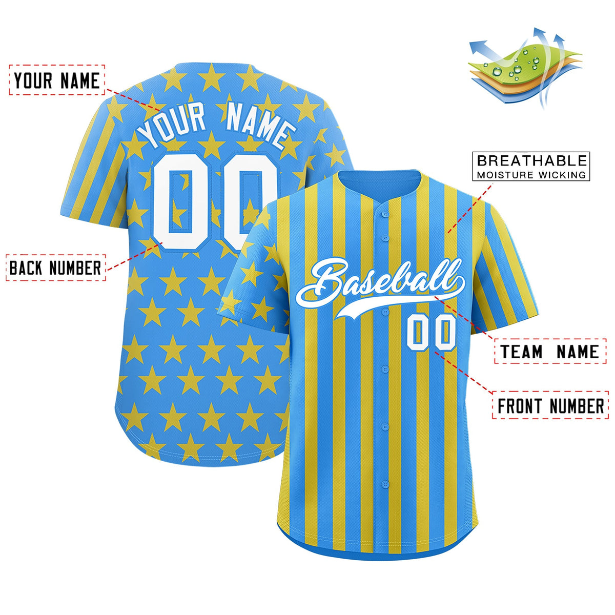 Custom Powder Blue Gold American Flag Graffiti Pattern Baseball Jersey| KXKSHOP