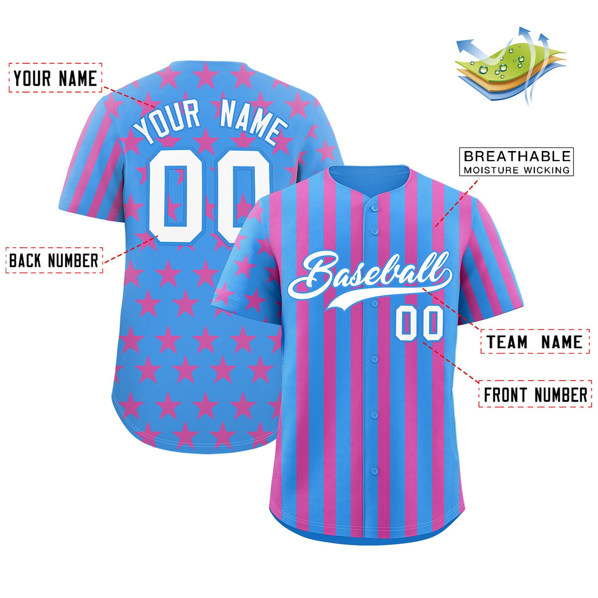 Custom Powder Blue Pink American Flag Graffiti Pattern Baseball Jersey| KXKSHOP