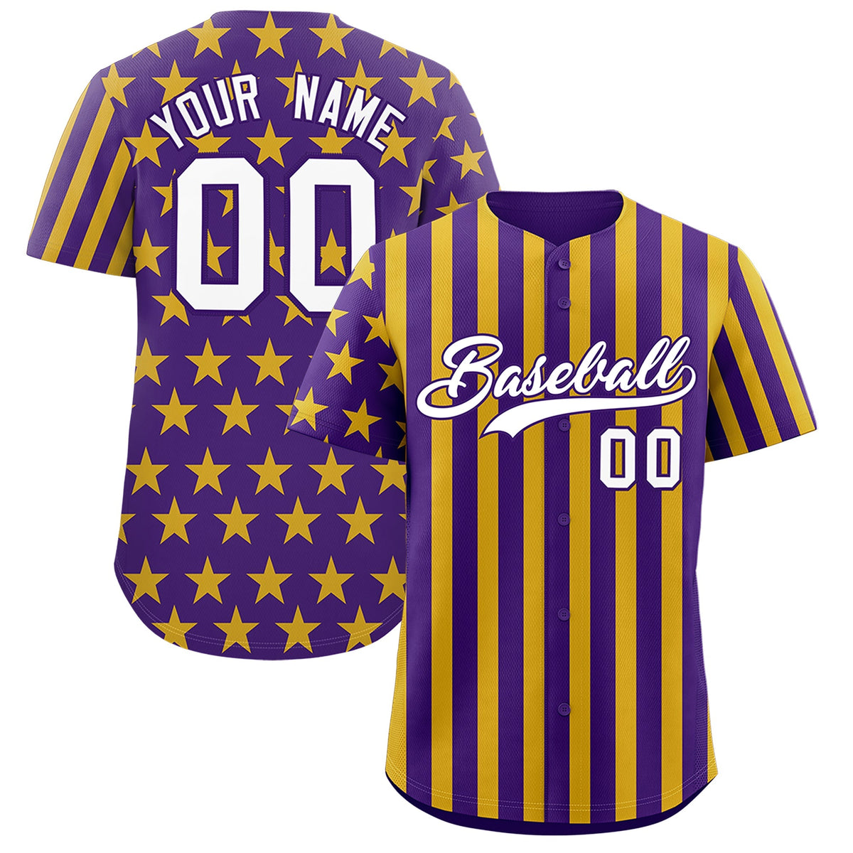 Custom Purple Gold American Flag Graffiti Pattern Baseball Jersey| KXKSHOP
