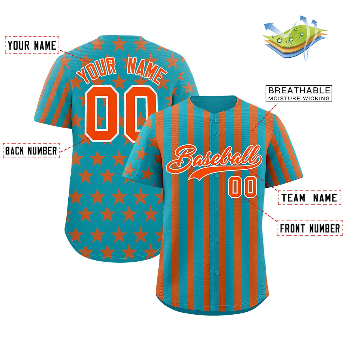 Custom Aqua Orange American Flag Graffiti Pattern Baseball Jersey| KXKSHOP