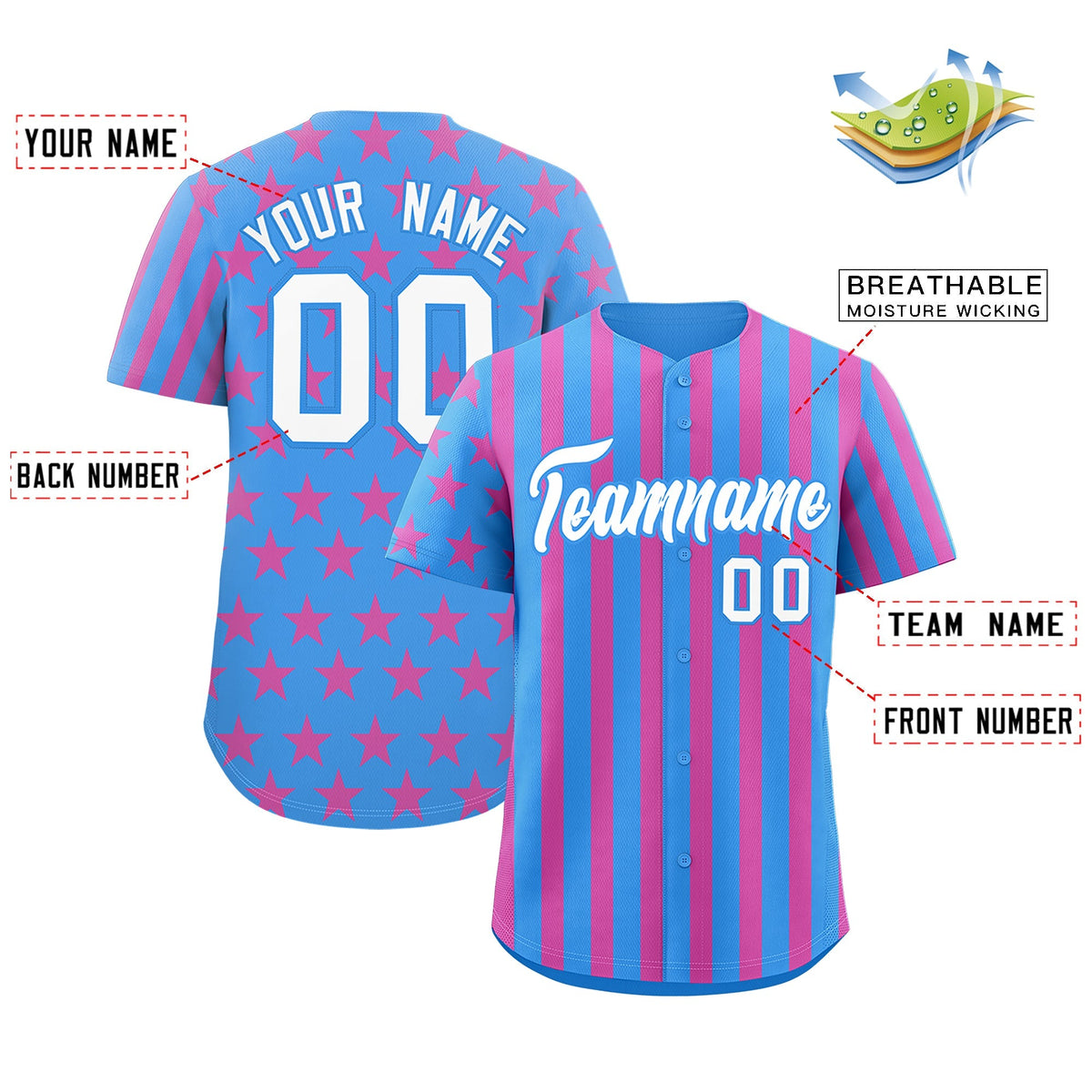 Custom Powder Blue Pink American Flag Graffiti Pattern Baseball Jersey| KXKSHOP
