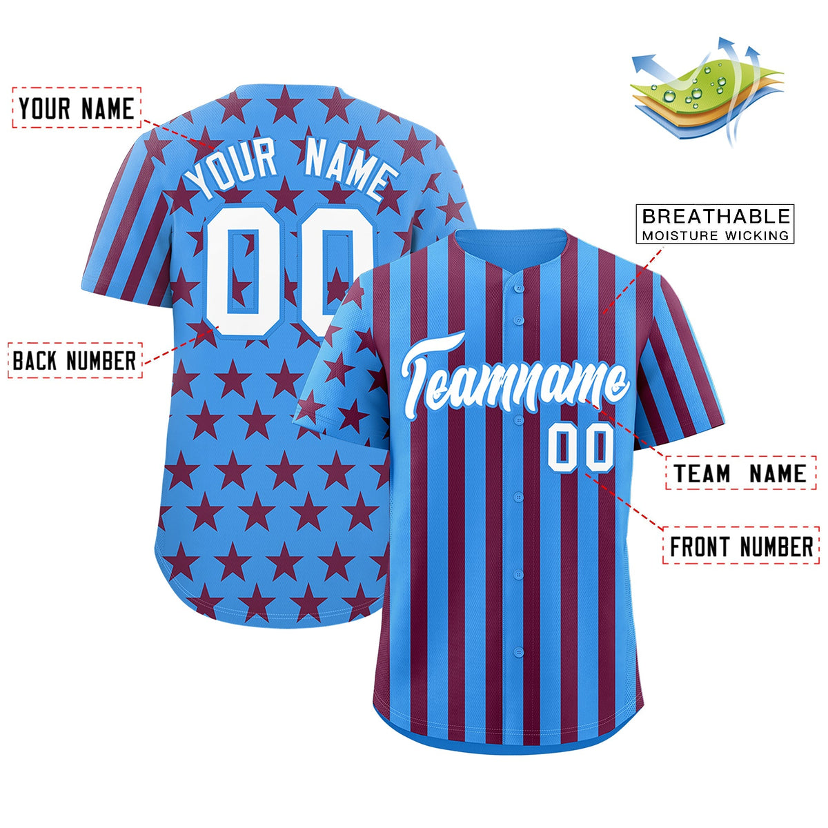 Custom Powder Blue Crimson American Flag Graffiti Pattern Baseball Jersey| KXKSHOP