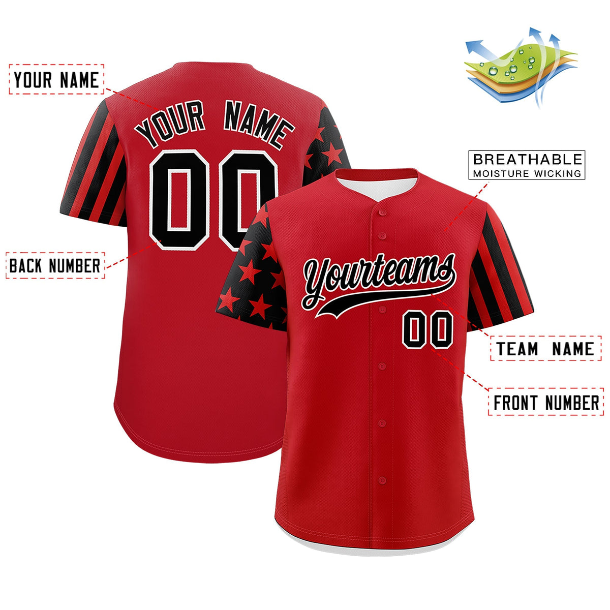 Custom Red Black American Flag Raglan Sleeves Baseball Jersey| KXKSHOP