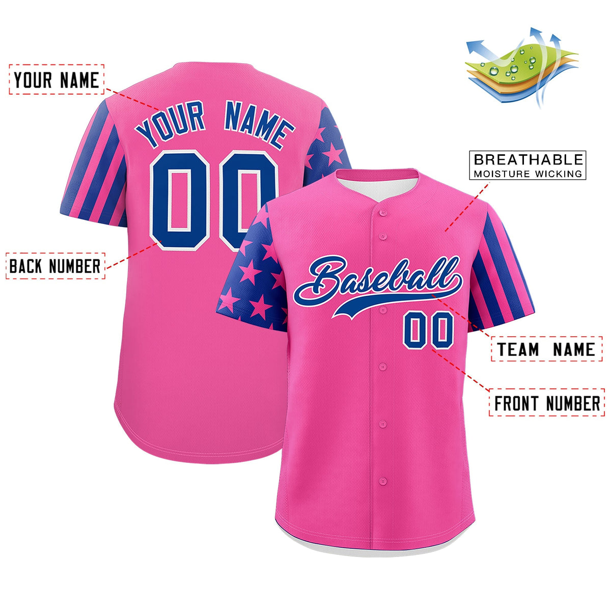 Custom Pink Royal Blue American Flag Raglan Sleeves Baseball Jersey| KXKSHOP