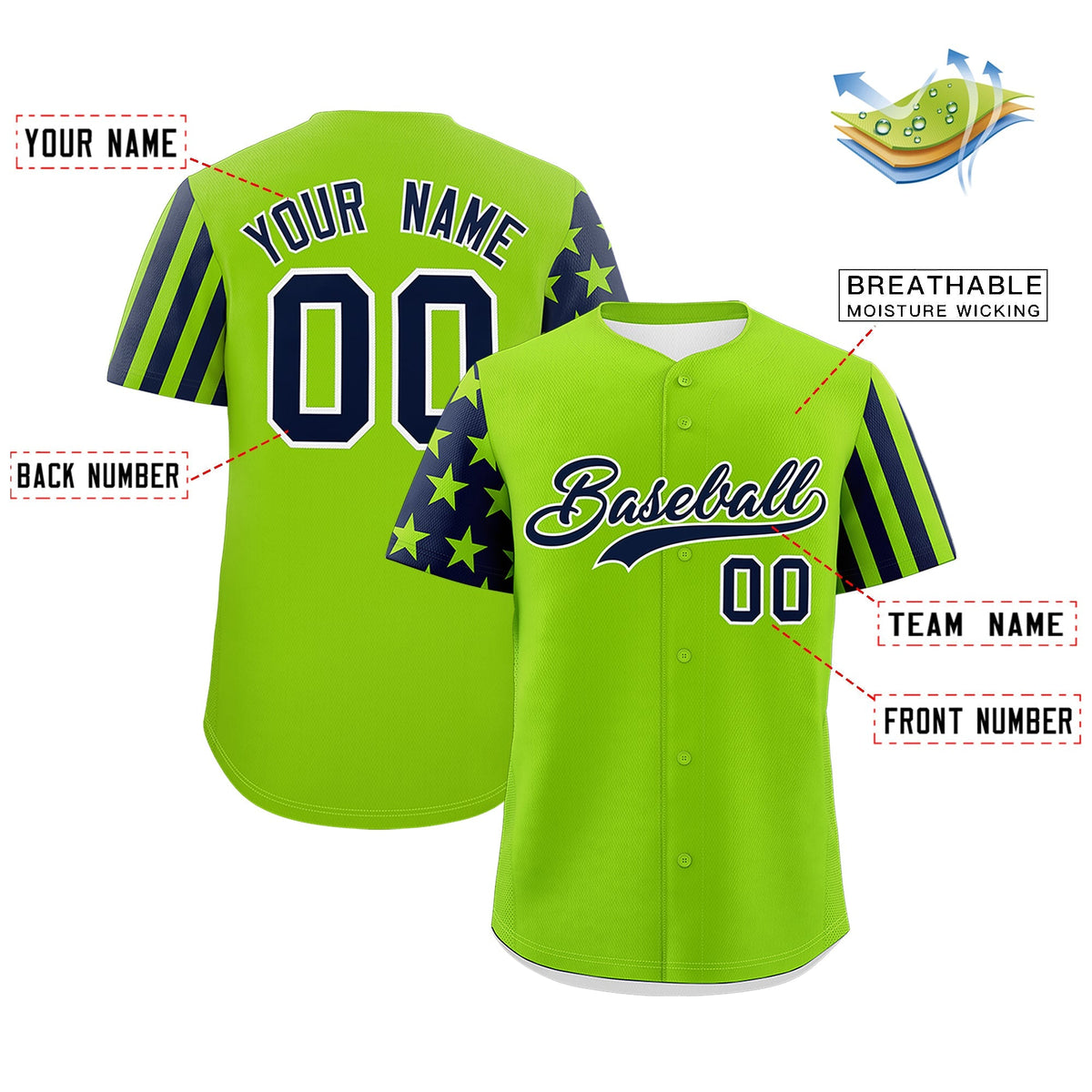 Custom Neon Green Navy American Flag Raglan Sleeves Baseball Jersey| KXKSHOP