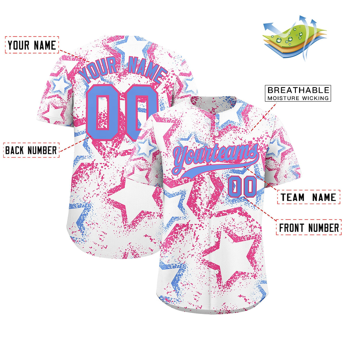 Custom White Pink Light Blue Star-Shaped Ink Texture Graffiti Pattern Baseball Jersey | Sublimation Printed &amp; Stitched,Add Name and Numbern,Perfect for Parties,Perfect for Training | KXKSHOP