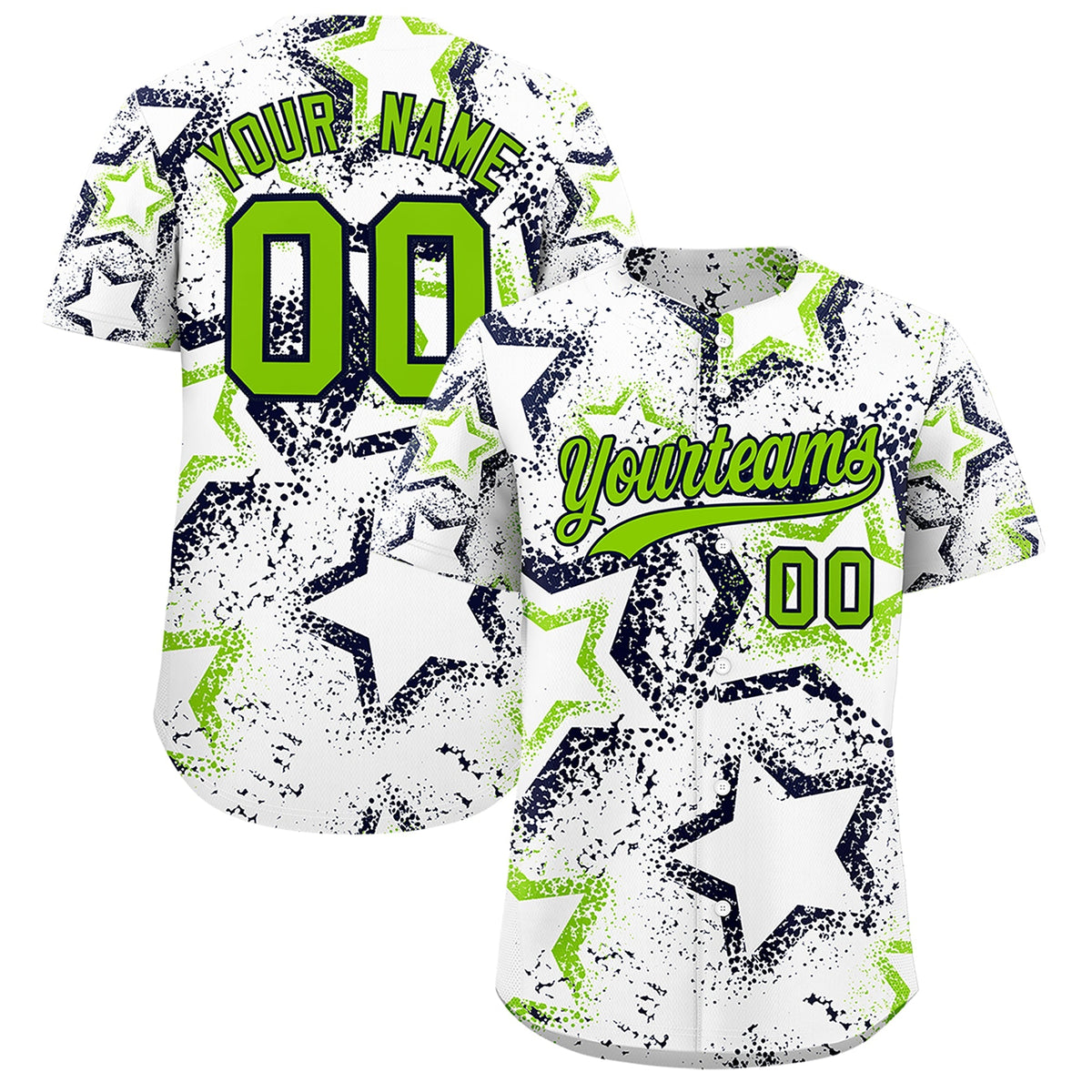 Custom White Neon Green Navy Star-Shaped Ink Texture Graffiti Pattern Baseball Jersey | Sublimation Printed &amp; Stitched,Add Name and Numbern,Perfect for Parties,Perfect for Training | KXKSHOP