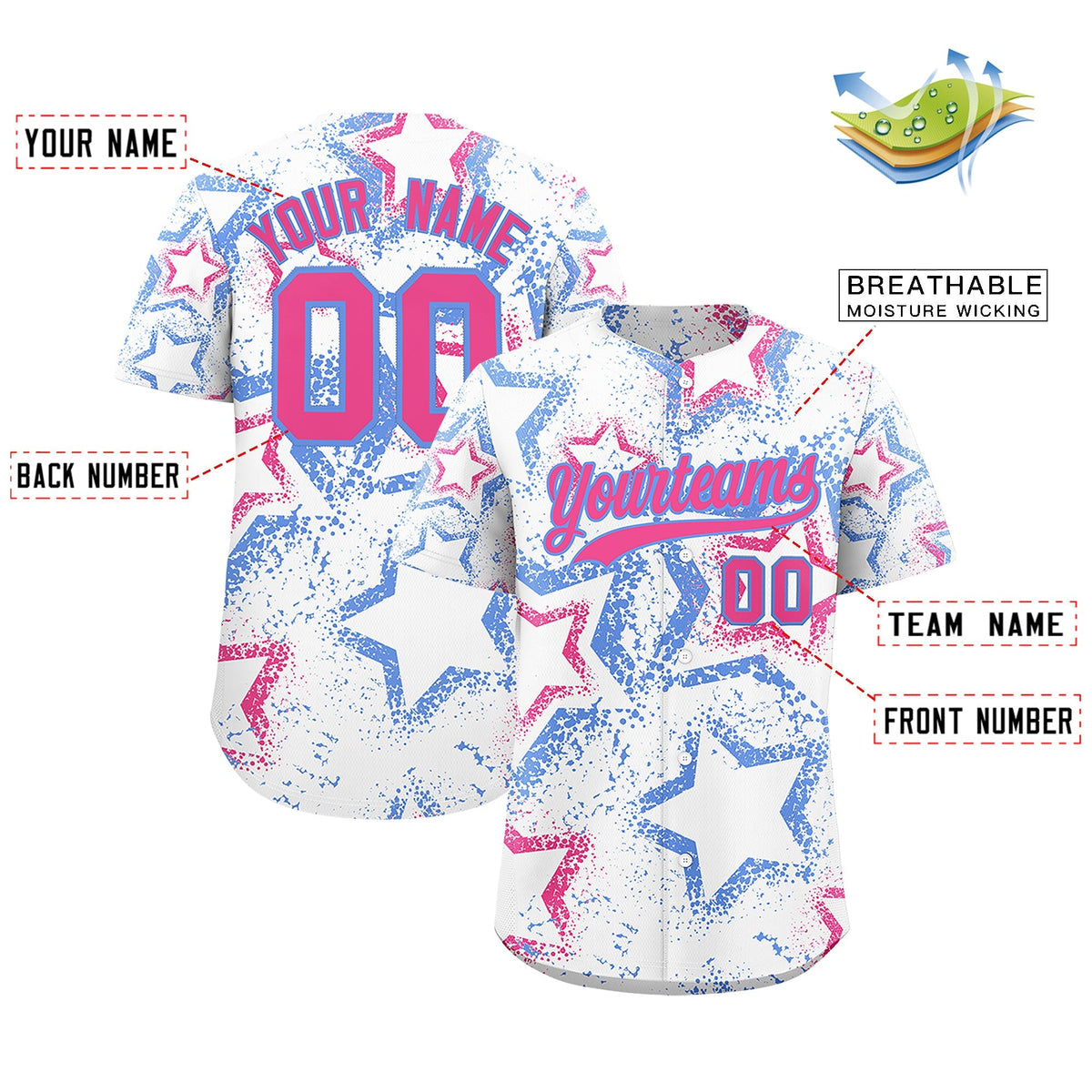 Custom White Light Blue Pink Star-Shaped Ink Texture Graffiti Pattern Baseball Jersey | Sublimation Printed &amp; Stitched,Add Name and Numbern,Perfect for Parties,Perfect for Training | KXKSHOP