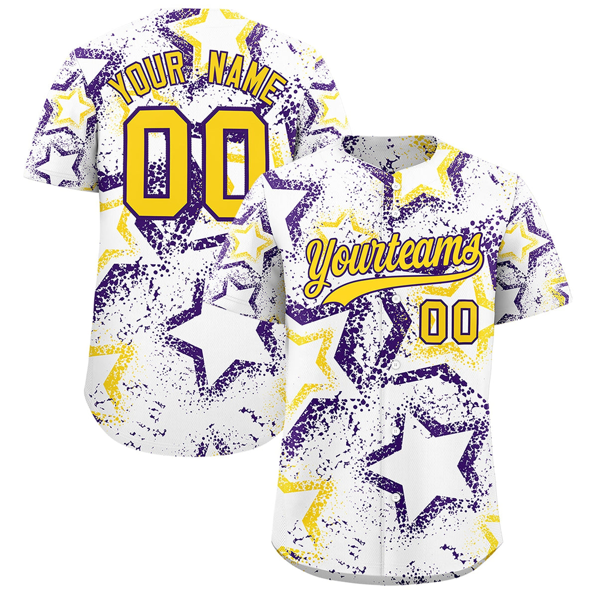 Custom White Gold Purple Star-Shaped Ink Texture Graffiti Pattern Baseball Jersey | Sublimation Printed &amp; Stitched,Add Name and Numbern,Perfect for Parties,Perfect for Training | KXKSHOP
