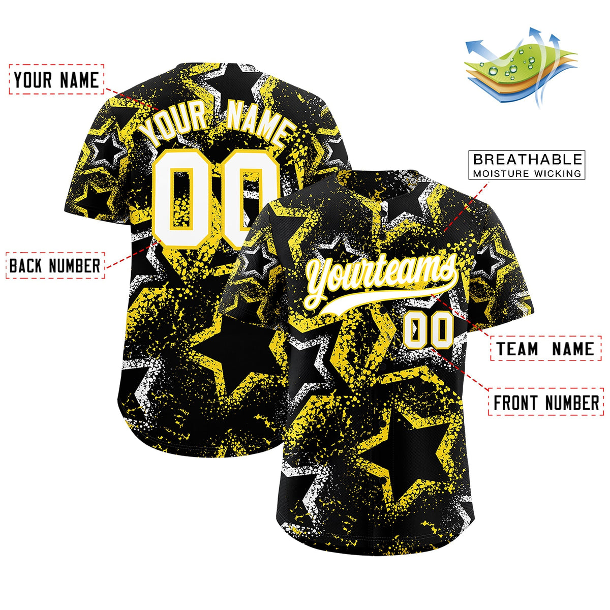 Custom Black White Gold Star-Shaped Ink Texture Graffiti Pattern Baseball Jersey | Sublimation Printed &amp; Stitched,Add Name and Numbern,Perfect for Parties,Perfect for Training | KXKSHOP