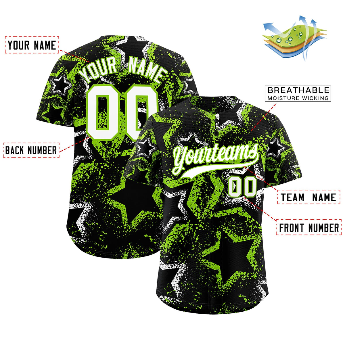Custom Black White Neon Green Star-Shaped Ink Texture Graffiti Pattern Baseball Jersey | Sublimation Printed &amp; Stitched,Add Name and Numbern,Perfect for Parties,Perfect for Training | KXKSHOP