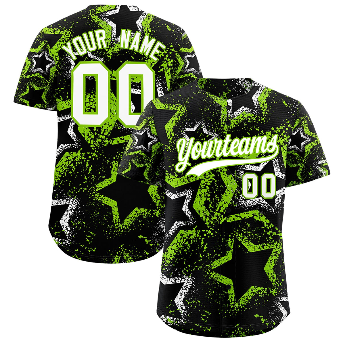 Custom Black White Neon Green Star-Shaped Ink Texture Graffiti Pattern Baseball Jersey | Sublimation Printed &amp; Stitched,Add Name and Numbern,Perfect for Parties,Perfect for Training | KXKSHOP