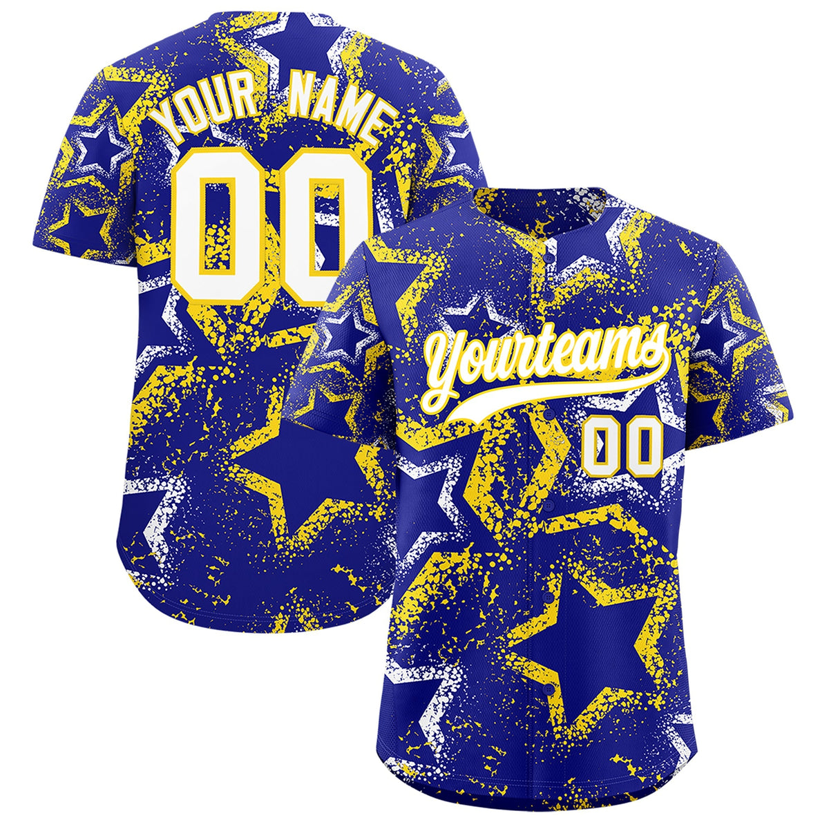 Custom Royal Blue White Gold Star-Shaped Ink Texture Graffiti Pattern Baseball Jersey | Sublimation Printed &amp; Stitched,Add Name and Numbern,Perfect for Parties,Perfect for Training | KXKSHOP