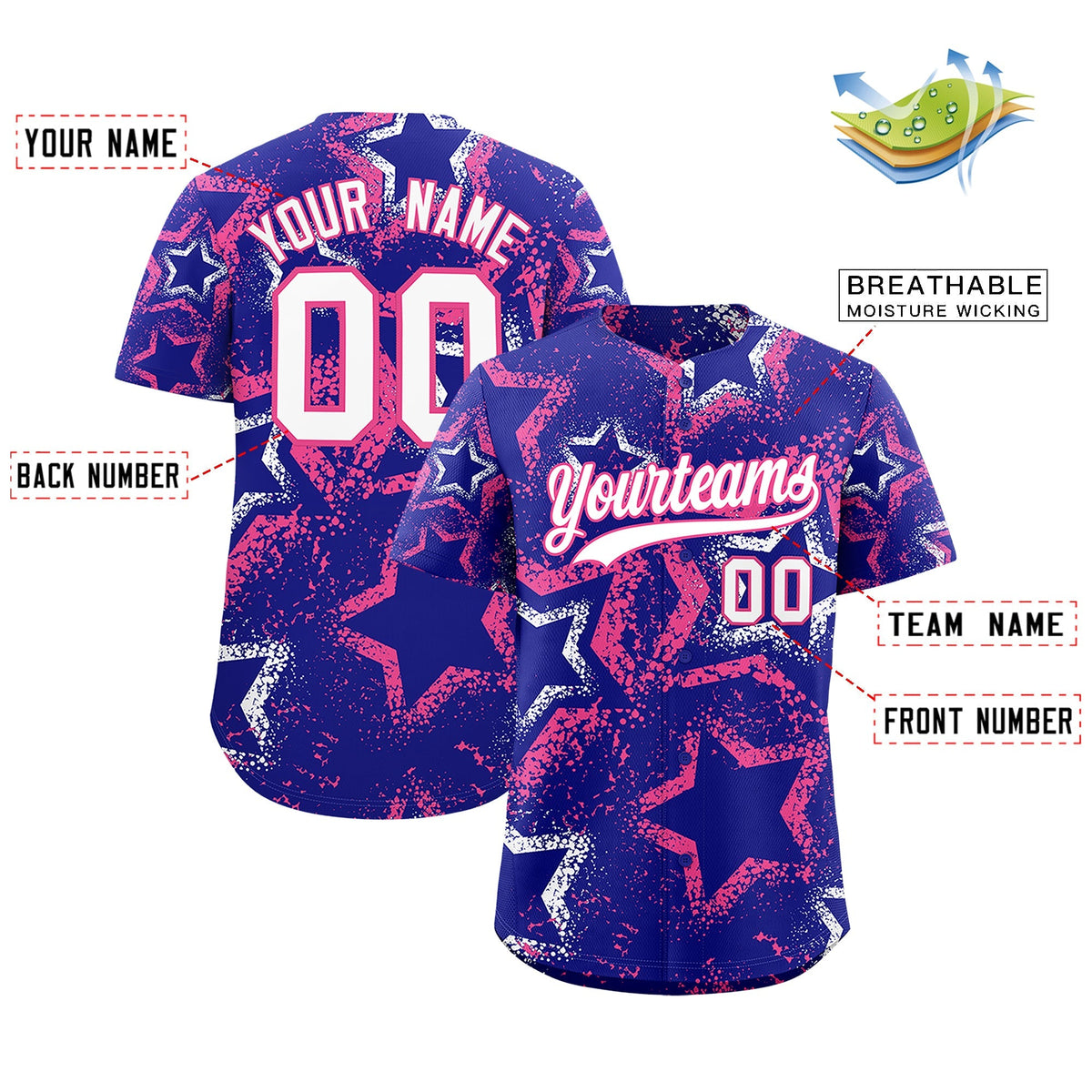 Custom Royal Blue White Pink Star-Shaped Ink Texture Graffiti Pattern Baseball Jersey | Sublimation Printed &amp; Stitched,Add Name and Numbern,Perfect for Parties,Perfect for Training | KXKSHOP