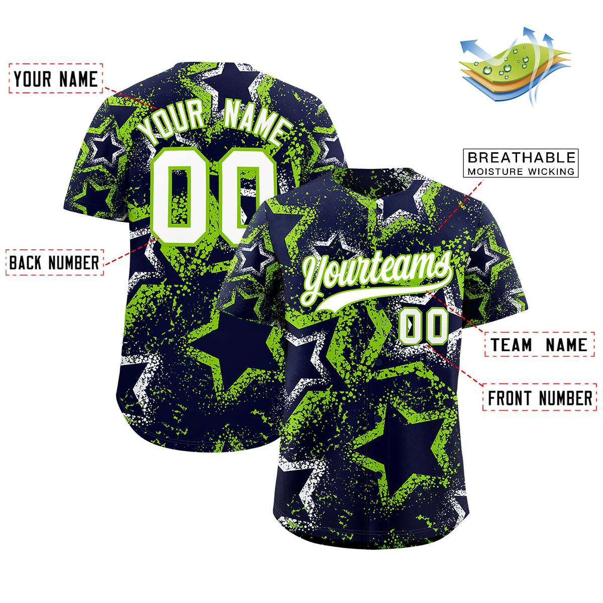 Custom Navy White Neon Green Star-Shaped Ink Texture Graffiti Pattern Baseball Jersey | Sublimation Printed &amp; Stitched,Add Name and Numbern,Perfect for Parties,Perfect for Training | KXKSHOP