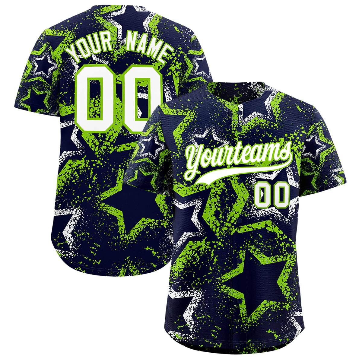 Custom Navy White Neon Green Star-Shaped Ink Texture Graffiti Pattern Baseball Jersey | Sublimation Printed &amp; Stitched,Add Name and Numbern,Perfect for Parties,Perfect for Training | KXKSHOP