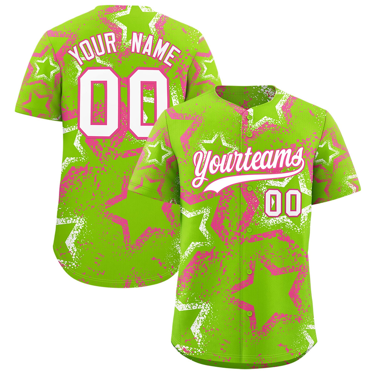 Custom Neon Green Pink White Star-Shaped Ink Texture Graffiti Pattern Baseball Jersey | Sublimation Printed &amp; Stitched,Add Name and Numbern,Perfect for Parties,Perfect for Training | KXKSHOP