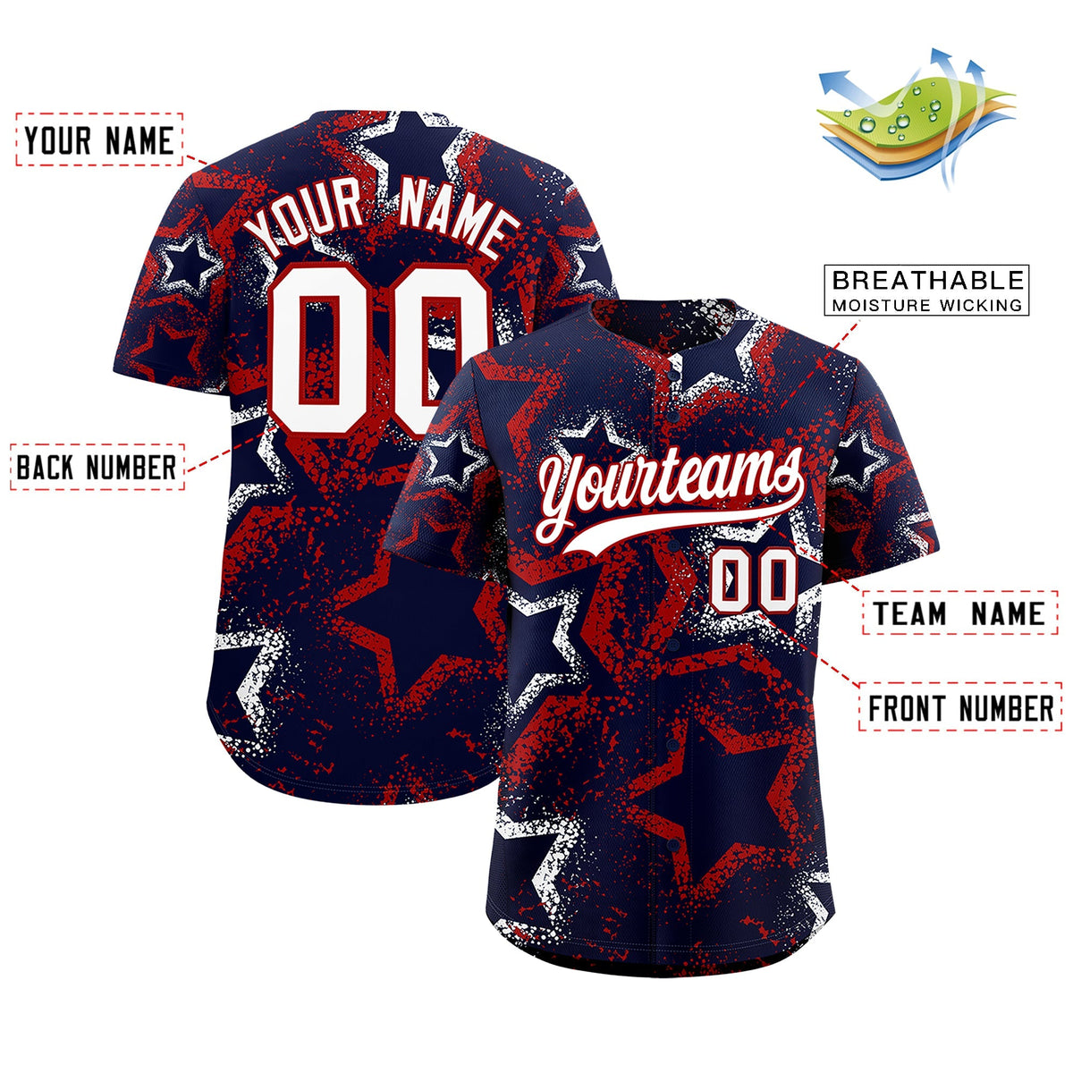 Custom Navy White Red Star-Shaped Ink Texture Graffiti Pattern Baseball Jersey | Sublimation Printed &amp; Stitched,Add Name and Numbern,Perfect for Parties,Perfect for Training | KXKSHOP