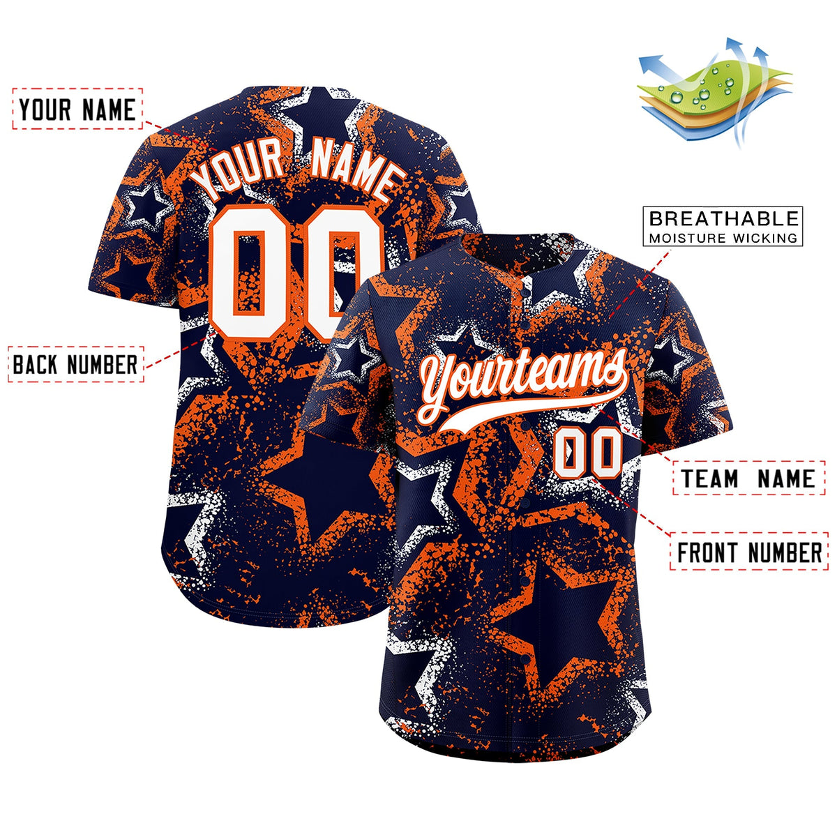 Custom Navy White Orange Star-Shaped Ink Texture Graffiti Pattern Baseball Jersey | Sublimation Printed &amp; Stitched,Add Name and Numbern,Perfect for Parties,Perfect for Training | KXKSHOP
