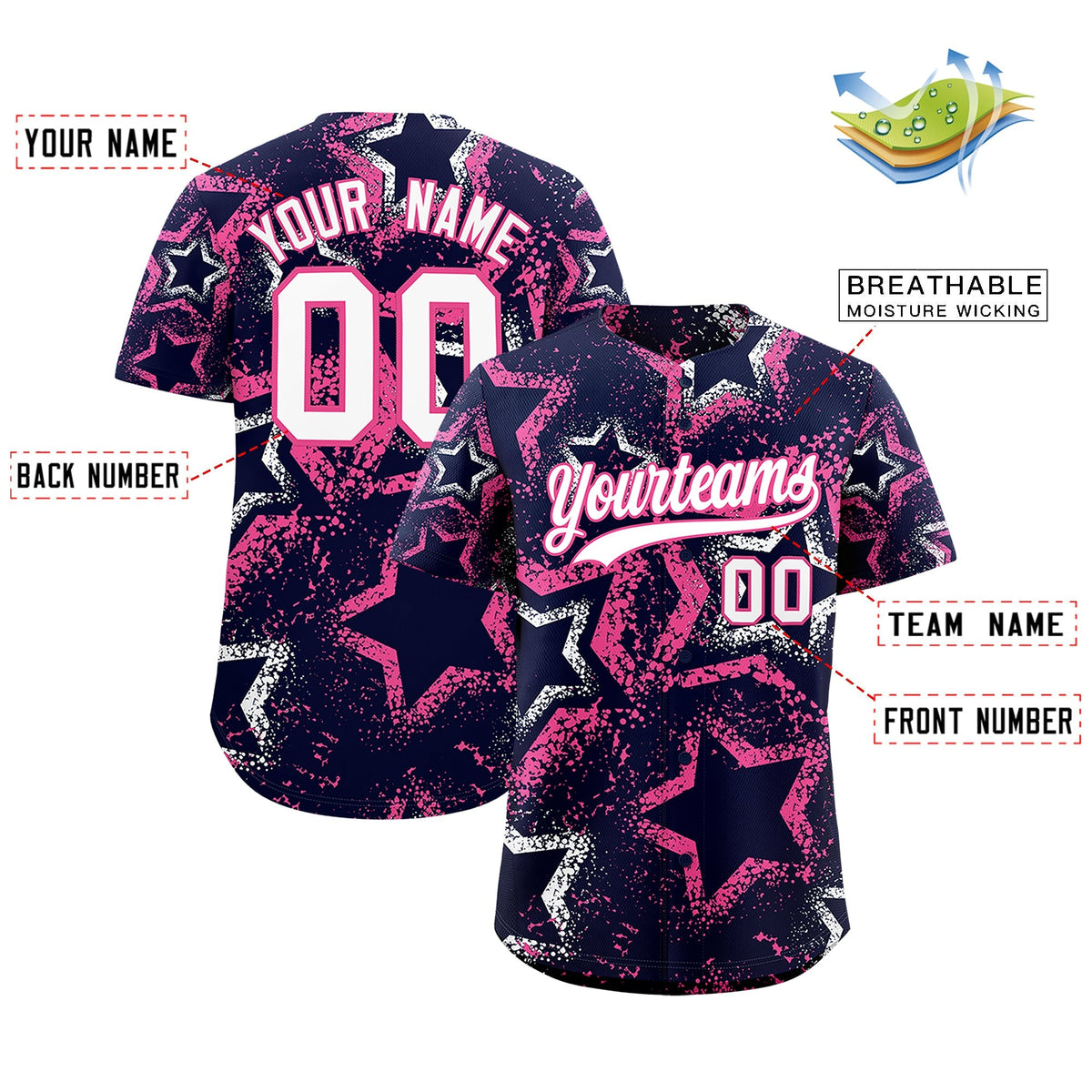 Custom Navy White Pink Star-Shaped Ink Texture Graffiti Pattern Baseball Jersey | Sublimation Printed &amp; Stitched,Add Name and Numbern,Perfect for Parties,Perfect for Training | KXKSHOP