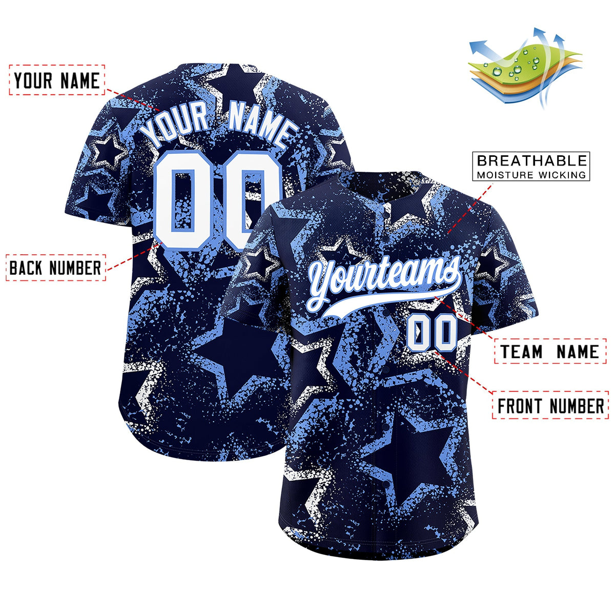Custom Navy White Light Blue Star-Shaped Ink Texture Graffiti Pattern Baseball Jersey | Sublimation Printed &amp; Stitched,Add Name and Numbern,Perfect for Parties,Perfect for Training | KXKSHOP