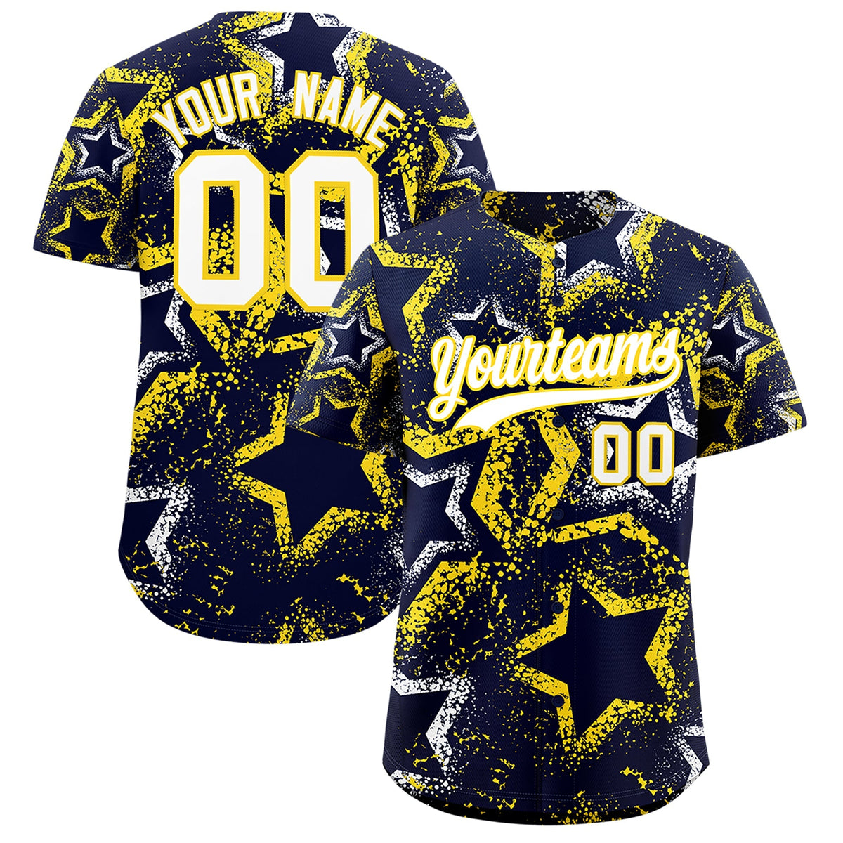 Custom Navy White Gold Star-Shaped Ink Texture Graffiti Pattern Baseball Jersey | Sublimation Printed &amp; Stitched,Add Name and Numbern,Perfect for Parties,Perfect for Training | KXKSHOP