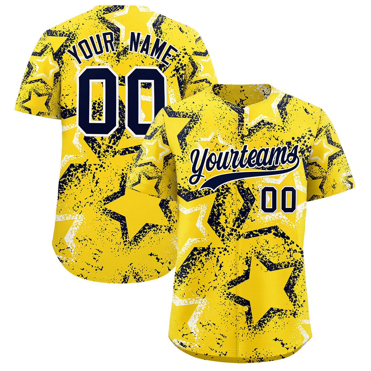 Custom Gold White Navy Star-Shaped Ink Texture Graffiti Pattern Baseball Jersey | Sublimation Printed &amp; Stitched,Add Name and Numbern,Perfect for Parties,Perfect for Training | KXKSHOP