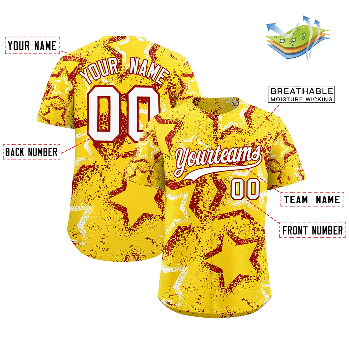 Custom Gold White Red Star-Shaped Ink Texture Graffiti Pattern Baseball Jersey | Sublimation Printed &amp; Stitched,Add Name and Numbern,Perfect for Parties,Perfect for Training | KXKSHOP