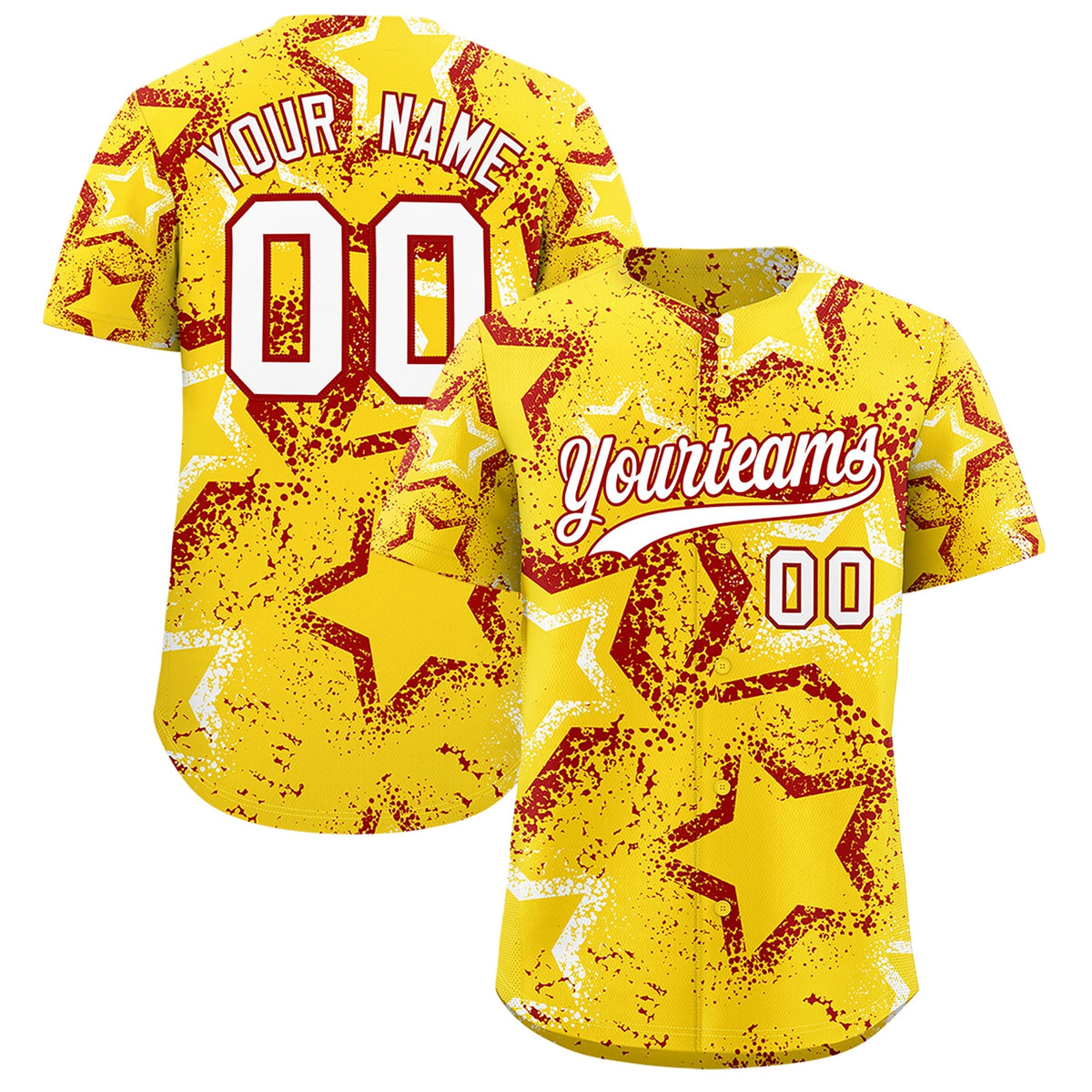 Custom Gold White Red Star-Shaped Ink Texture Graffiti Pattern Baseball Jersey | Sublimation Printed &amp; Stitched,Add Name and Numbern,Perfect for Parties,Perfect for Training | KXKSHOP