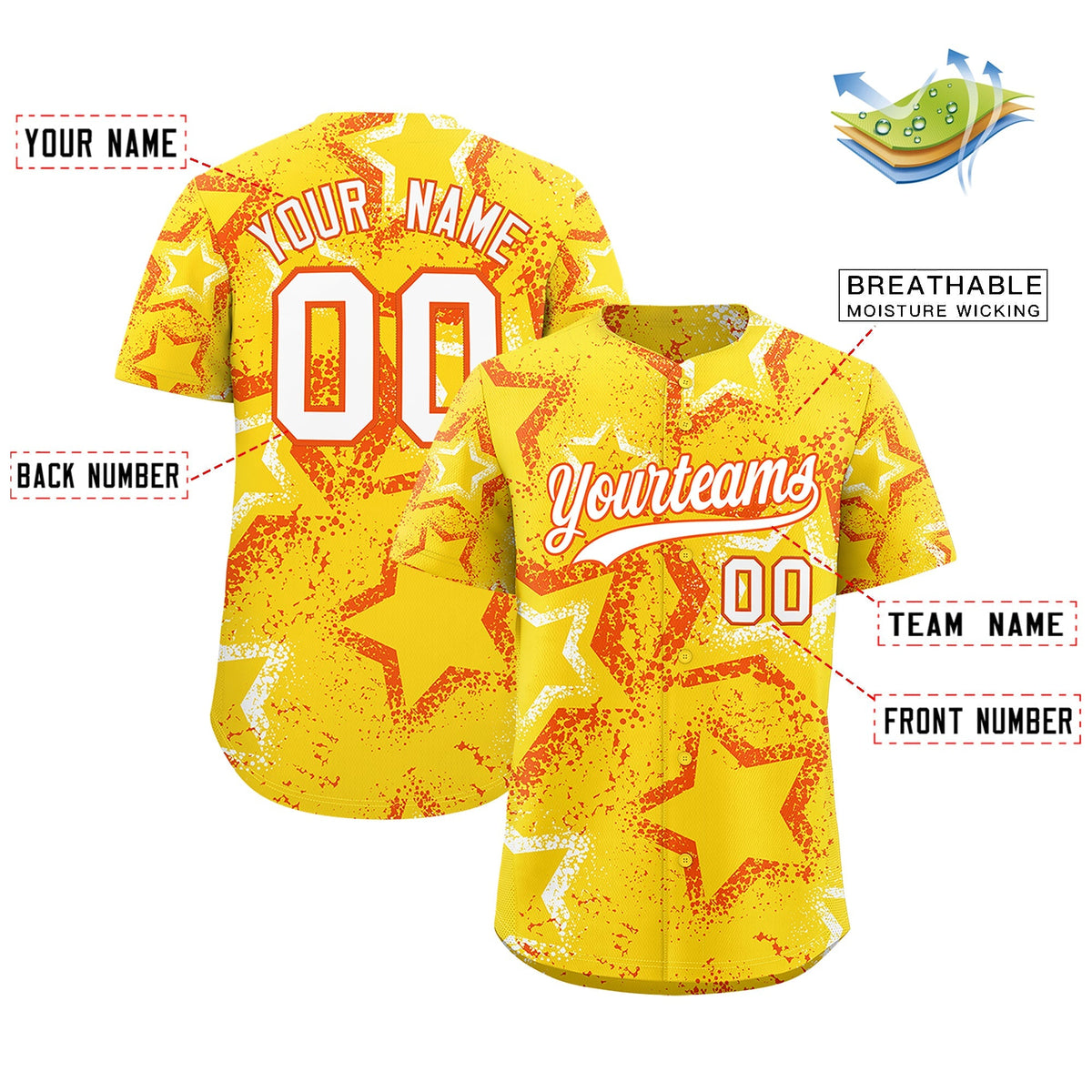 Custom Gold Orange White Star-Shaped Ink Texture Graffiti Pattern Baseball Jersey | Sublimation Printed &amp; Stitched,Add Name and Numbern,Perfect for Parties,Perfect for Training | KXKSHOP