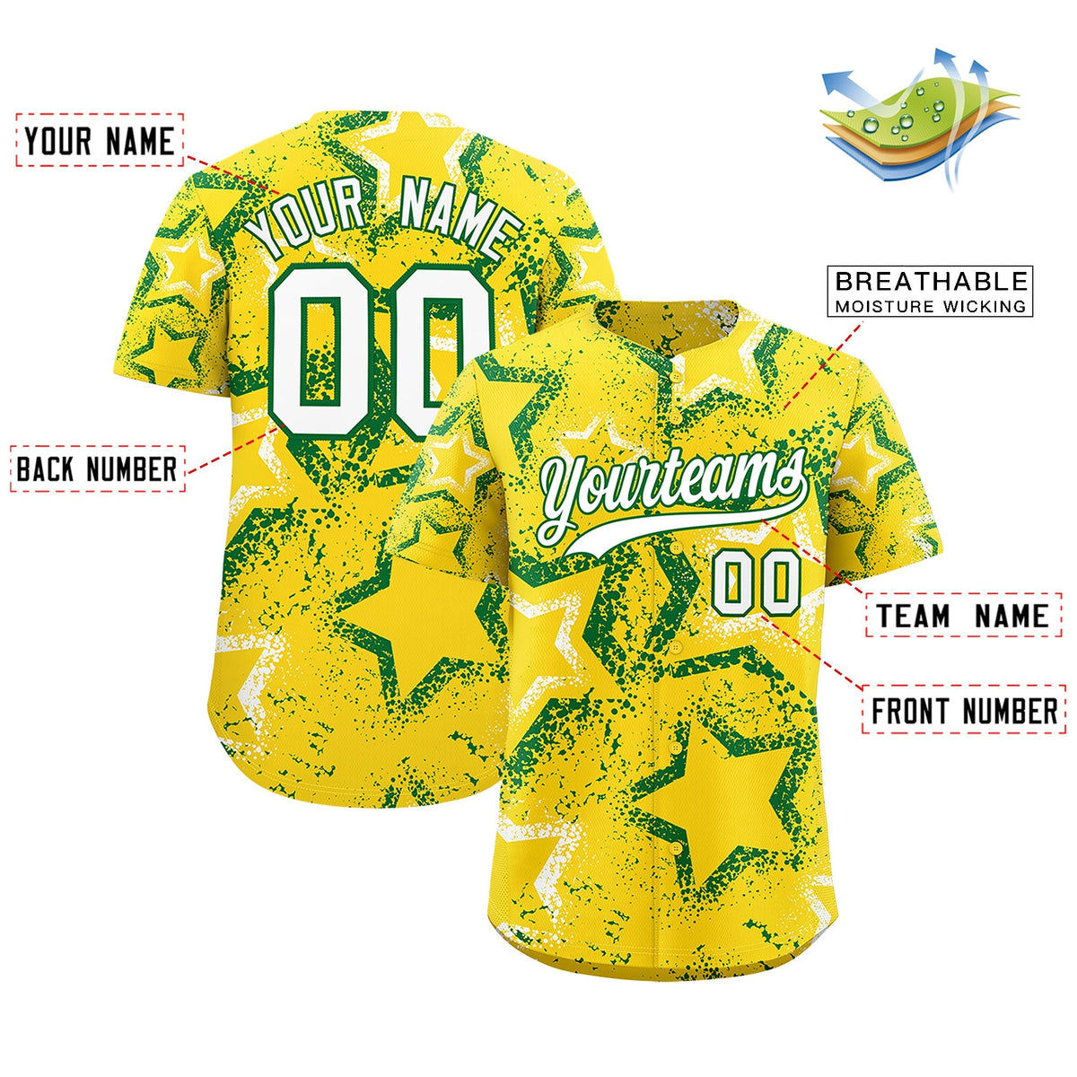 Custom Gold White Kelly Green Star-Shaped Ink Texture Graffiti Pattern Baseball Jersey | Sublimation Printed &amp; Stitched,Add Name and Numbern,Perfect for Parties,Perfect for Training | KXKSHOP
